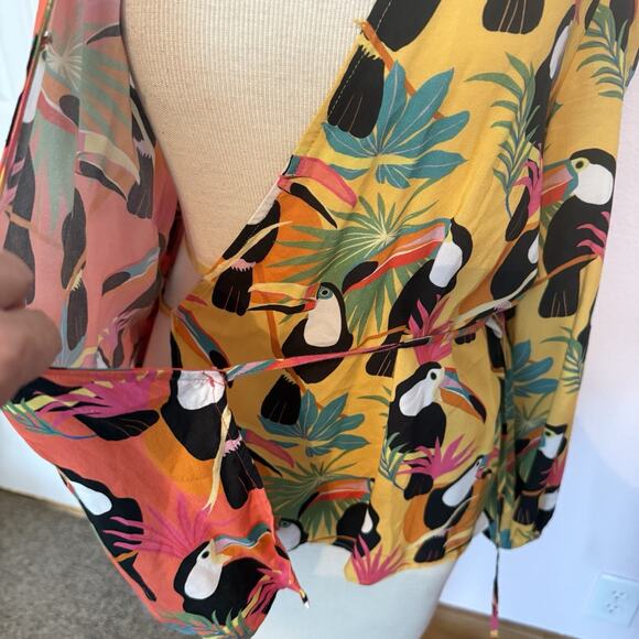 Farm Rio Wrap Shirt Sz Small Tropical Toucan Beaded Tassels Boho Career Casual - Picture 8 of 16
